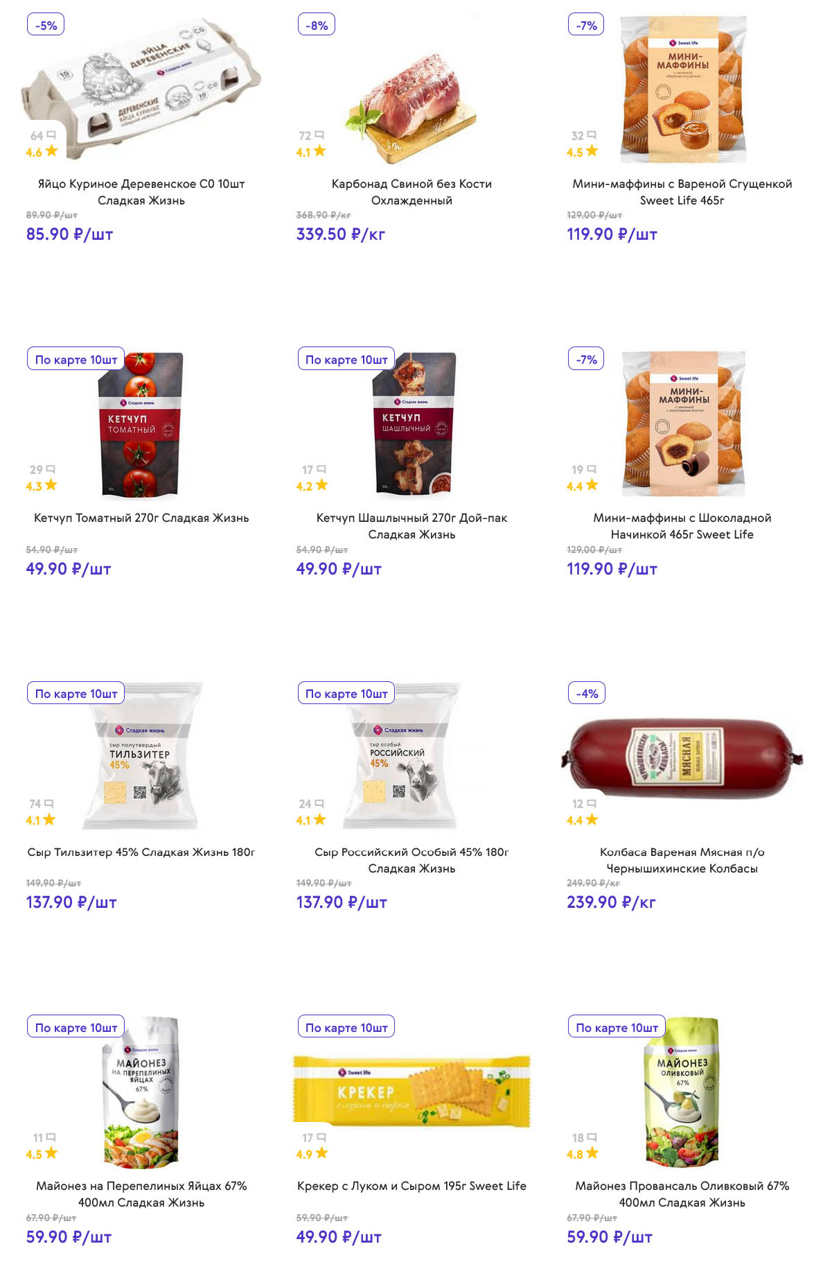 Выгодные цены по карте: яйца деревенские 85р, карбонад 339р/кг, маффины Sweet Life 119р, сыр Сладкая Жизнь от 137р. Майонез, кетчуп и колбаса со скидкой.